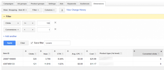 Google-AdWords-Dimension-Tab-Verlierer-Filter-Ergebnisse
